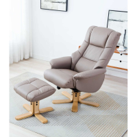Modern Swivel Recliner Armchair with Footstool Set Plush Faux Earth Leather Oak Base