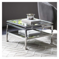 Modern Square Silver Metal and Glass Framed Side Table With Lifted Shelf 57x38cm