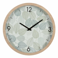 Leaves Print Wall Clock 50cm diameter in Wood Vaneer Frame