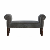 Bench Seat In Grey Velvet With Studded Arms and Solid Wooden Legs