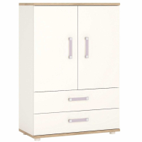 Kids Modern White High Gloss and Light Oak 2 Door 2 Drawer Cabinet With Lilac Handles