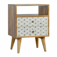 Geometric Black And White Screen printed 2 Drawer Bedside Cabinet With Open Slot 60x45cm