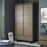 Modern Weathered Dark Rustic Oak Wood 2 Door Double Wardrobe 1 Drawer Black Legs