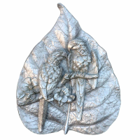 Silver Parrots Carved Into A Rainforest Leaf Decorative Wall Desk Plaque
