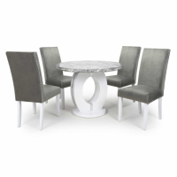 Neptune Marble Top Small Round Table and 4 Randall Brushed Velvet Grey Chairs Dining Set
