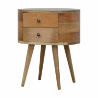 Traditional Round Edge Mango Wood Natural 2 Drawer Bedside Cabinet Table Nightstand