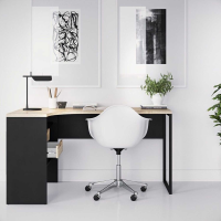 Modern Matt Black and Oak 2 Drawer Office Study Desk With No Handle 76.8 x 145.1cm