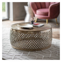 Rustic Gold Metal Round Coffee Table Intricate Netted Carving 80cm Diameter