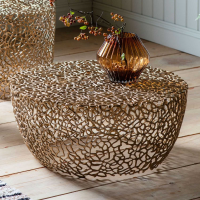 Round Coffee Table Gold Metal Intricate Design Honeycomb Cut Out Design