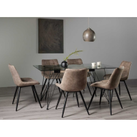Glass 6 Seater Dining Table Set Metal Hairpin Legs 6 Tan Brown Faux Suede Fabric Chairs