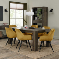 Dark Oak 6 Seater 180cm Kitchen Dining Room Table Set 6 Mustard Velvet Fabric Chairs