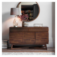 Modern Sideboard Carved Brown Dark Mango Wood 3 Doors 2 Drawers 140cm Wide
