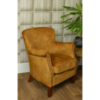 Cromarty Soft Gold Fabric Upholstered Small Comfy Club Armchair On Wooden Legs