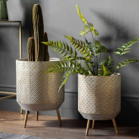 Set of 2 Gold and White Planters Geometric Design on Slim Metal Legs