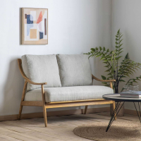 2 Seater Sofa Light Grey Linen Fabric Upholstery Natural Oak Wood Framed