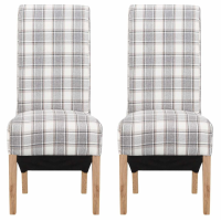 Pair of Grey Brown Tartan Checked Fabric Dining Chairs Light Oak Legs High Scroll Back