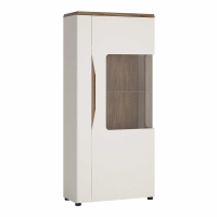 Modern Narrow Glazed Display Cabinet RHD In White With Oak Top