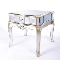 French Style Mirrored Glass 1 Drawer Bed Side Lamp Table with Silver Gilt Leaf 60cm Square