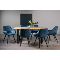 Modern Rustic Oak 160cm Dining Table Set 6 Petrol Blue Velvet Fabric Chairs