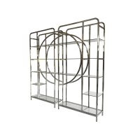 Pair Of Large Art Deco Polished Stainless Steel Tall Bookcase Shelving Units 240 x 240cm