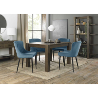 Turin Dark Oak 4 6 Seater Dining Table And 4 Cezanne Petrol Blue Velvet Fabric Chairs with Sand Black Powder Coated Legs