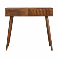 Nordic Style Mango Wood Chestnut Finish Console Table With Carved Drawer Front 80 x 88cm