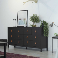 Modern Matt Black 8 Drawer Bedroom Double Chest With Leather Tab Handles 79.7 x 159.4cm