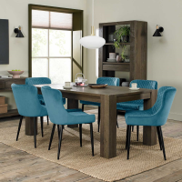 Dark Oak 6 to 8 Seater Extending Dining Table Set 6 Blue Velvet Fabric Chairs 180 to 235cm