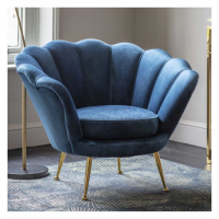 Scallop Inky Blue Velvet Fabric Upholstery Armchair on Antique Gold Legs 78x93x80cm