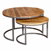 Industrial Round Natural Mango Wood Coffee Nest of 2 Tables Metal Base 80cm Diameter