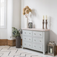 Modern Light Grey Painted Wide Chest of 3+3 Drawers Chalked Oak Top 78x128x40cm