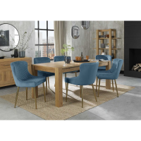 Modern Light Oak Extending Dining Table Set 8 Petrol Blue Velvet Chairs