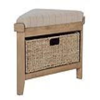 Solid Wood Framed Medium Corner Hallway Bench Wool Upholstered Seat With Wicker Storage Basket 86x50cm