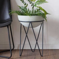 Curved Grey Planter on Industrial Angular Black Metal Hairpin Stand