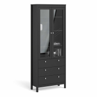 Modern Matt Black 2 Glass Door 3 Drawer Cabinet With Metal Knobs 199x77.85cm