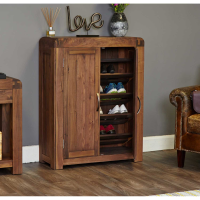Solid Walnut Slim Shoe Storage Cupboard 2 Doors Modern Dark Wood Finish
