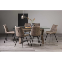 Turin Glass 6 Seater Kitchen Dining Set Dark Oak Legs with Fontana Tan Faux Suede Fabric Chairs
