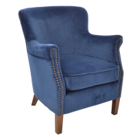 Cromarty Navy Royal Blue Studded Velvet Fabric Small Comfy Club Armchair On Wooden Legs