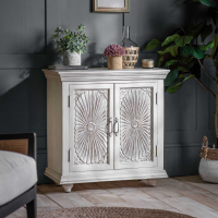 Distressed White Small Sideboard Cabinet Hand Carved 2 Floral Doors