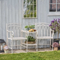 Distressed White Painted Metal Outdoor Garden Loveseat with Side Table Set