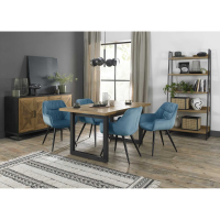 Indus Rustic Oak 4 to 6 Seater Dining Table And 4 Dali Petrol Blue Velvet Chairs Dining Set