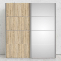 Modern Tall Oak With Oak and Mirror Glass Sliding 2 Door Double Wardrobe 200.4 x 182.4cm