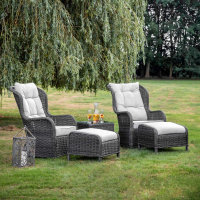 Grey Rattan High Back 3 Piece Sun Lounger Set with Footstools and Side Table