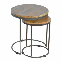 Modern Round Set of 2 Nesting Stools with Oak Top and Black Iron Base 40x45cm