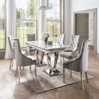 Arturo Grey Marble Polished Chrome Stainless Steel Metal 180cm Large Kitchen Dining Room Table 6 Seater Modern