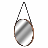 Copper Rimmed Round Hanging Wall Mirror With Black Strap