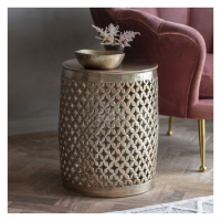Gold Khalasar Drum Metal Round Occasional Side Lamp Table 40cm Diameter