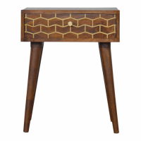 Modern 1 Drawer 1 Open Slot Mango Wood Gold Pattern Bedside with Pull Out Bar 57 x 45cm