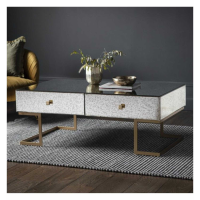 Modern Large Aged Mirrored 4 Drawer Coffee Sofa Table on Gold Metal Base 120cm