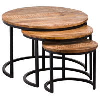 Industrial Style Wood and Metal Nest of 3 Round Tables Black Curved Legs